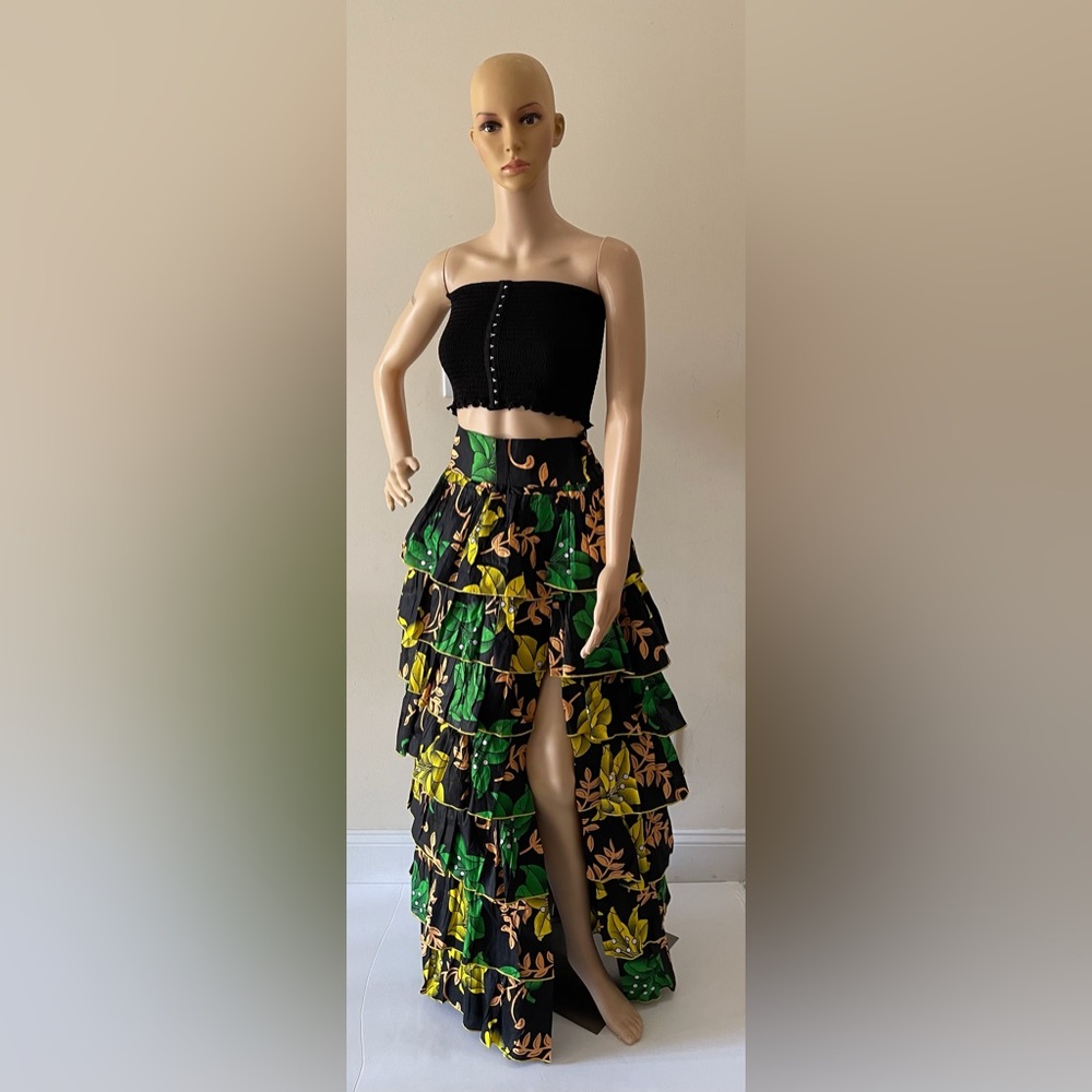 Handmade Green Multicolor Layered Ruffle Floral Print High Slit Maxi Skirt
